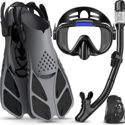 &Eacute;quipement de Plong&eacute;e Tuba 4-en-1 Adulte Masque Anti-Bu&eacute;e Tuba Sec Palmes R&eacute;glables &Eacute;tanche Noir