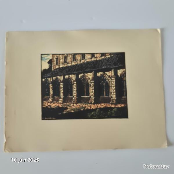 Gravure sur bois dessin�e par Ferdinand Dubreuil.  1950, abbaye de Bourgueil, d'Indre et Loire