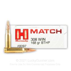 CARTOUCHES HORNADY BTHP MATCH - CAL: 308 WINCHESTER - 168GRS - BOITE DE 20 UNIT&Eacute;S