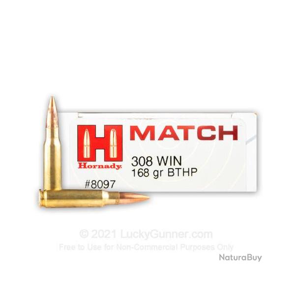 CARTOUCHES HORNADY BTHP MATCH - CAL: 308 WINCHESTER - 168GRS - BOITE DE 20 UNITS