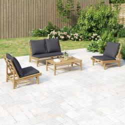 Salon de jardin 4 pcs avec coussins gris fonc&eacute; bambou