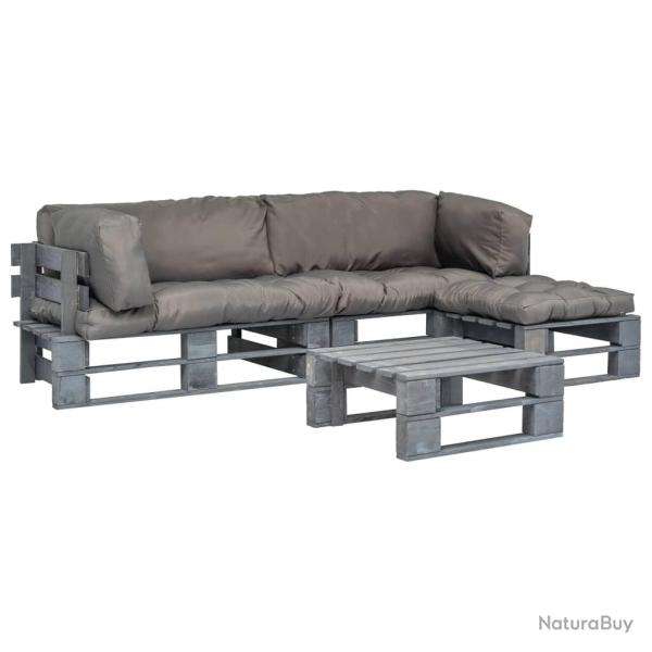 Salon palette de jardin 4 pcs avec coussins gris bois
