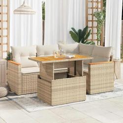 Salon de jardin avec coussins 5 pcs beige r&eacute;sine tress&eacute;e acacia