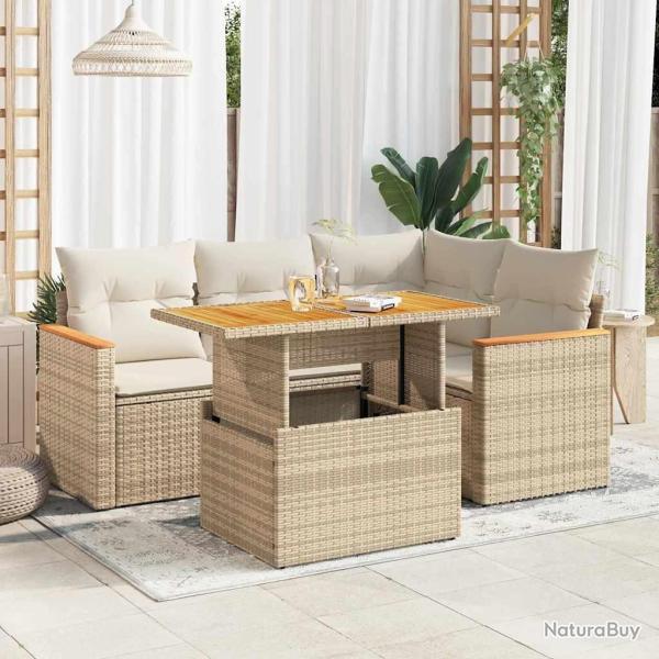 Salon de jardin avec coussins 5 pcs beige r�sine tress�e acacia