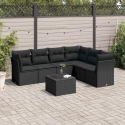 Salon de jardin 7 pcs avec coussins noir r&eacute;sine tress&eacute;e