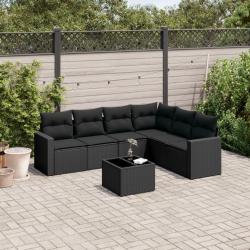 Salon de jardin 7 pcs avec coussins noir r&eacute;sine tress&eacute;e