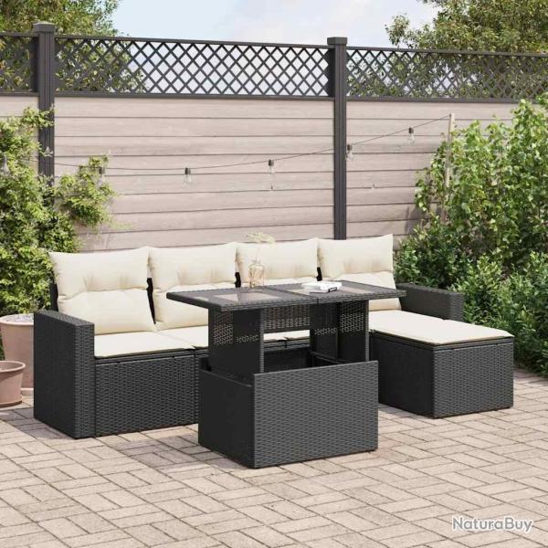 Salon de jardin 6 pcs avec coussins noir rsine tresse