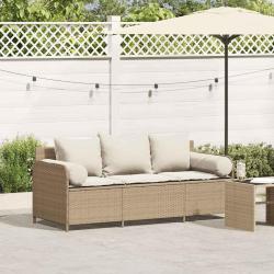 Canap&eacute; de jardin avec coussins 3 places beige r&eacute;sine tress&eacute;e