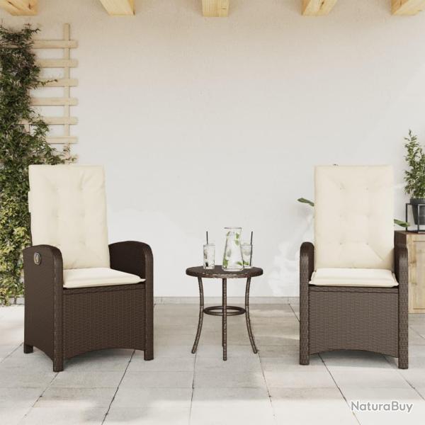 Chaises inclinables de jardin lot de 2 et coussins marron rotin