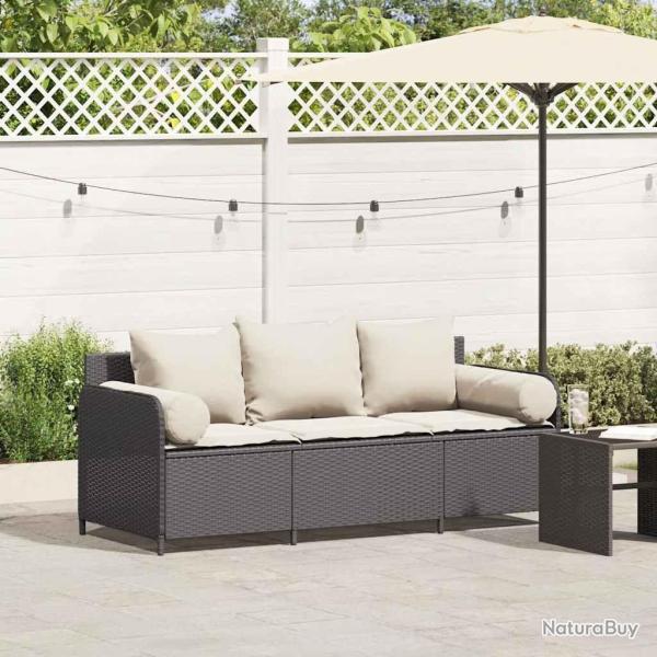 Canap� de jardin avec coussins 3 places noir r�sine tress�e
