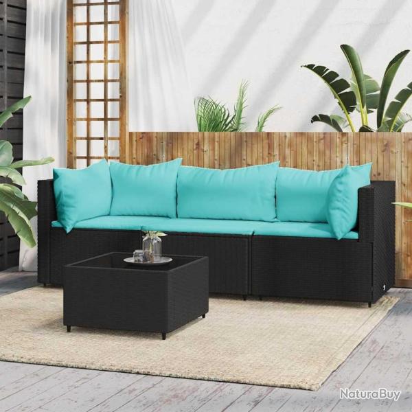 Salon de jardin 4 pcs avec coussins Noir R�sine tress�e