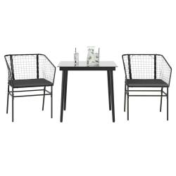 Ensemble &agrave; manger de jardin et coussins 3 pcs noir rotin verre