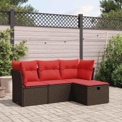Salon de jardin 4 pcs avec coussins marron r&eacute;sine tress&eacute;e