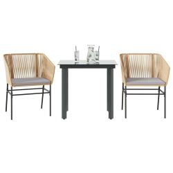 Ensemble &agrave; manger jardin coussins 3pcs marron poly rotin verre