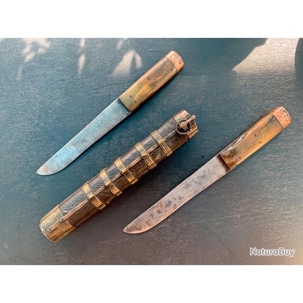 ANCIEN IMPOSANT NECESSAIRE DE VOYAGE TIBET / MONGOLIE A DEUX POIGNARD, XIX SIECLE, PIECE TRES RARE