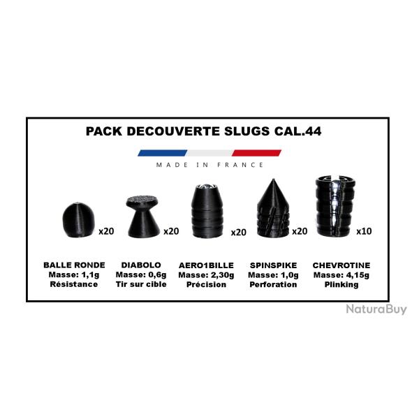 PACK DECOUVERTE SLUGS CALIBRE .44 Poudre noire (5 mod�les de SLUG - lot de 90 Slugs)
