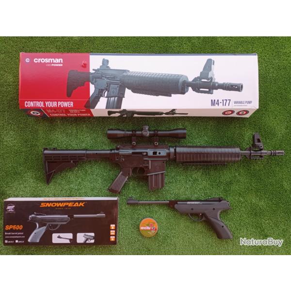 PACK-3 Carabine PCP  pompe M4-177 Bbs et Plomb Cal. 4,5 mm  + Pistolet SP500  Cal. 4,5 mm