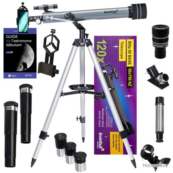 T�lescope Astrophotographie Levenhuk Blitz 60 Base avec Zoom, Oculaires et Accessoires