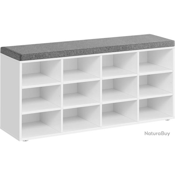 Banc � Chaussures, Organiseur de Chaussures avec 12 Compartiments -  Blanc Nuage et Gris Tourterelle