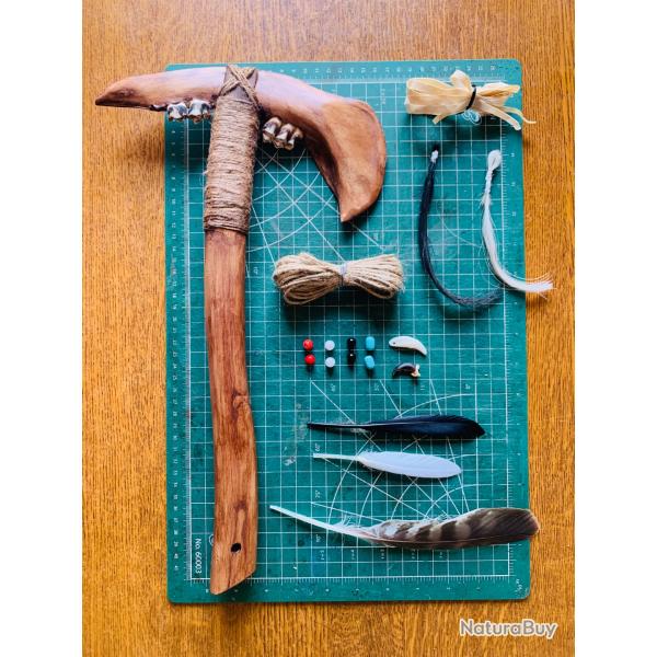 kit complet, tomahawk am�rindien d'artisan / m�choire de cerf / � finir de r�aliser
