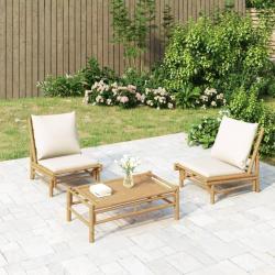 Salon de jardin 3 pcs avec coussins blanc cr&egrave;me bambou