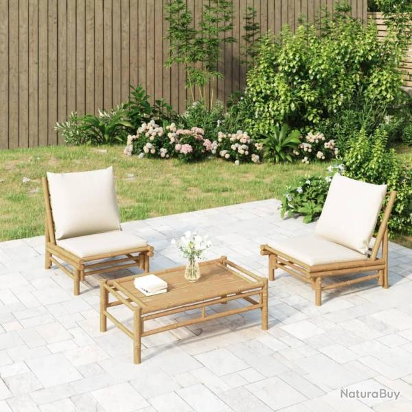 Salon de jardin 3 pcs avec coussins blanc cr�me bambou