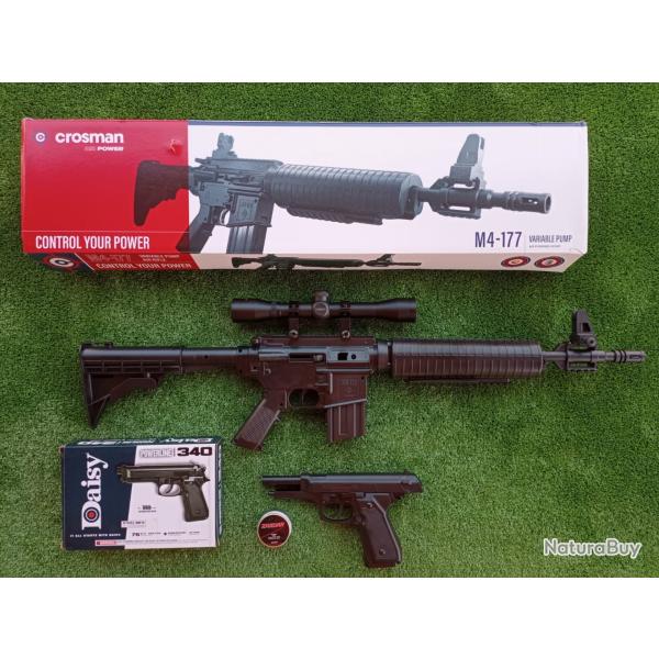 PACK-10 Carabine PCP  pompe M4-177 Bbs et Plomb Cal. 4,5 mm + Pistolet Daisy 340 Ressort 4,5 mm