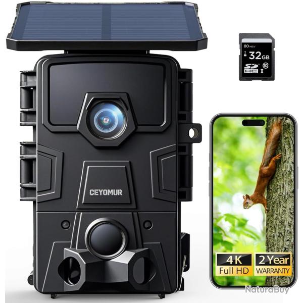 Cam�ra de Chasse Solaire 4K 60MP WiFi 6 Carte SD 32Go Vision Nocturne IP66 �tanche Noir