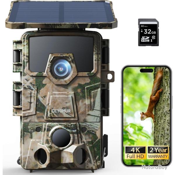 Cam�ra de Chasse Solaire 4K 60MP WiFi 6 Carte SD 32Go Vision Nocturne IP66 �tanche Camouflage