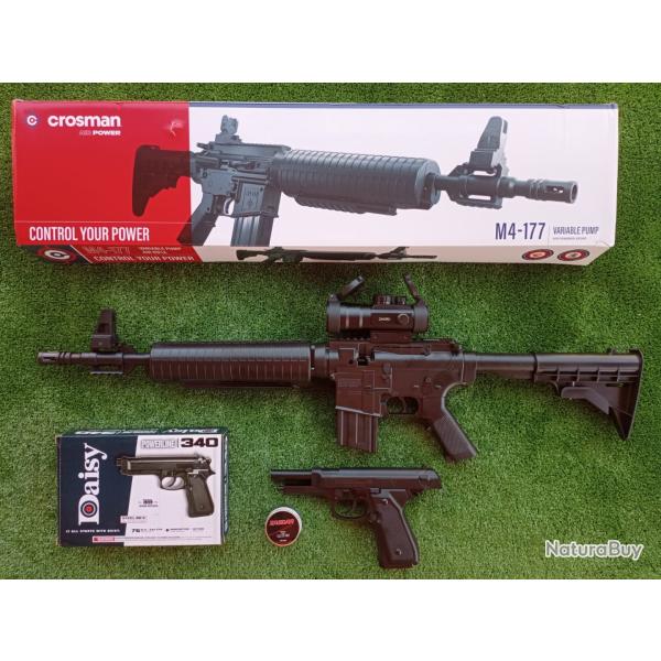 PACK-12 Carabine PCP  pompe M4-177 Bbs et Plomb Cal. 4,5 mm + Red Dot  + Pistolet Daisy 340 4,5 mm