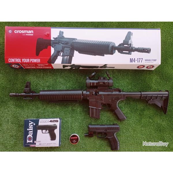 PACK-14 Carabine PCP  pompe M4-177 Bbs et Plomb 4,5 mm  + Pistolet Daisy 426 4,5 mm + Red Dot 2x40