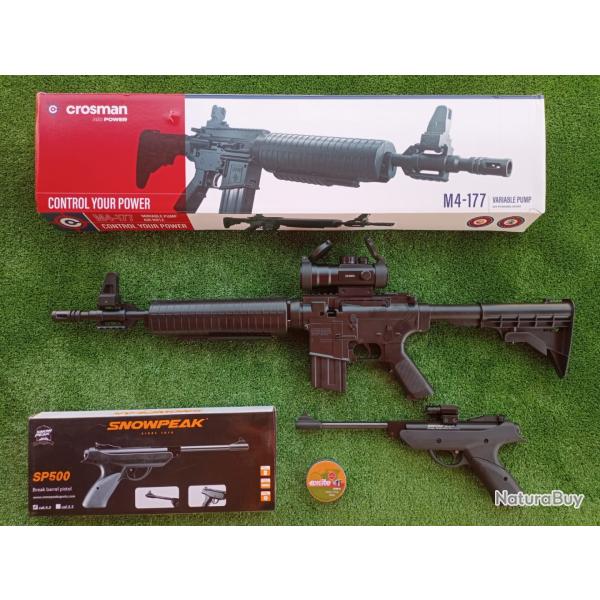 PACK-15 Carabine PCP  pompe M4-177 Bbs et Plomb Cal. 4,5 mm + Pistolet-Laser SP500 4,5 mm + Red Dot