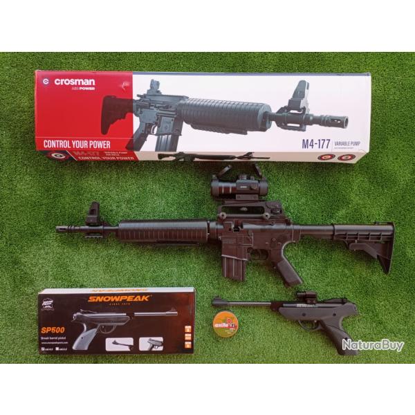 PACK-16 Carabine PCP  pompe M4-177 Bbs et Plomb Cal. 4,5 mm + Pistolet-Laser SP500 4,5 mm + Red Dot