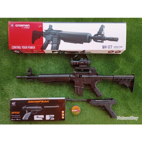 PACK-18 Carabine PCP  pompe M4-177 Bbs et Plomb Cal. 4,5 mm + Pistolet SP500 4,5 mm + Asa + Red Dot