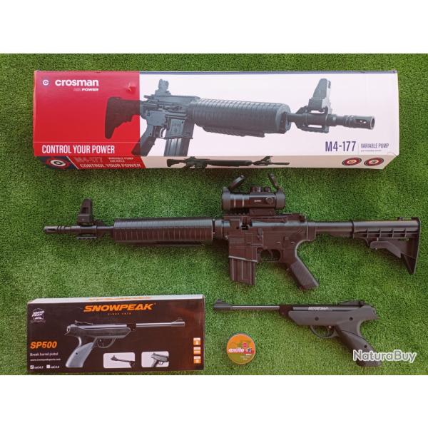 PACK-19 Carabine PCP  pompe M4-177 Bbs et Plomb Cal. 4,5 mm + Pistolet SP500 4,5 mm + Red Dot