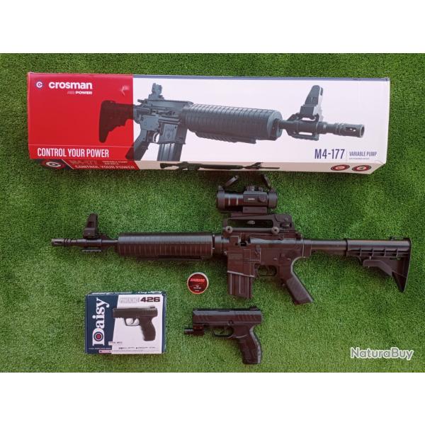 PACK-20 Carabine PCP  pompe M4-177 Bbs et Plomb 4,5 mm + Pistolet-Laser Daisy 426, 4,5 mm + Red Dot