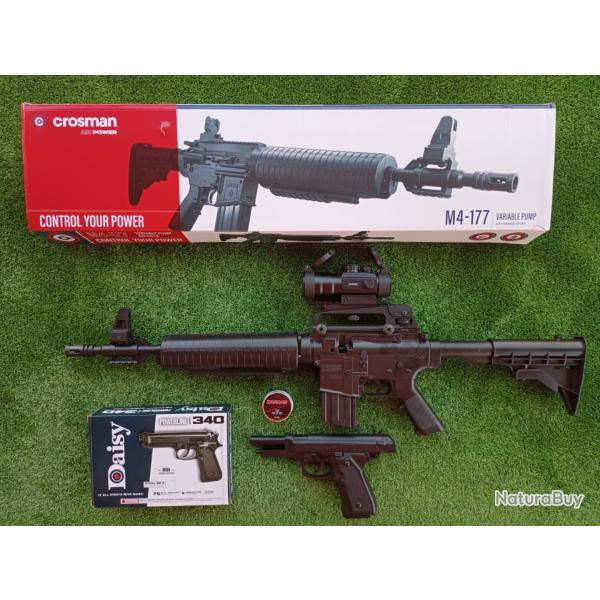 PACK-21 Carabine PCP  pompe M4-177 Bbs et Plomb 4,5 mm + Pistolet Daisy 426, 4,5 mm + Red Dot
