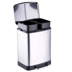 Poubelle &agrave; p&eacute;dale 2 bacs acier inox bross&eacute; argent&eacute; 2x12L