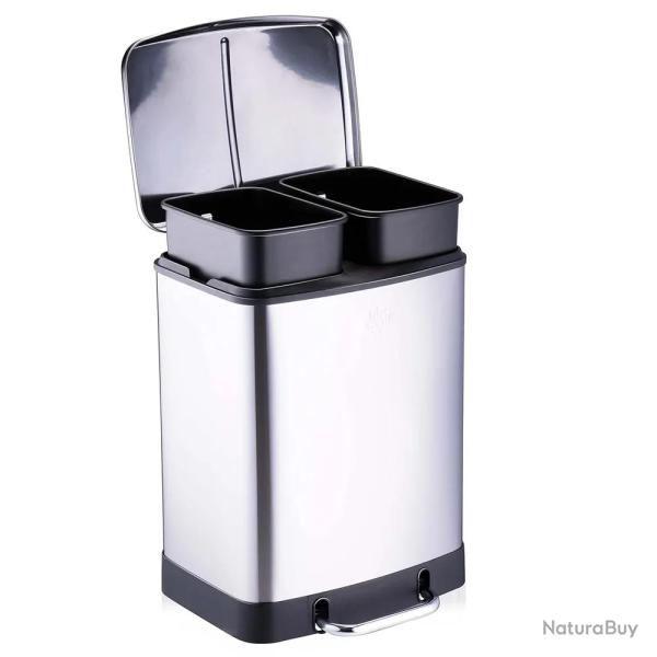 Poubelle � p�dale 2 bacs acier inox bross� argent� 2x12L