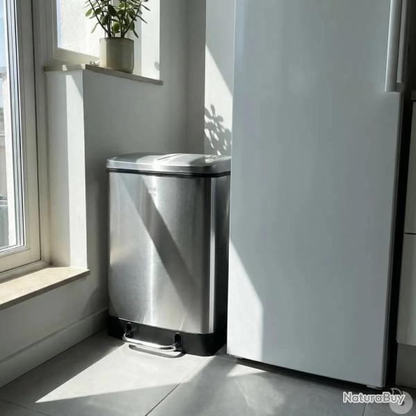 Poubelle � p�dale 2 bacs acier inox bross� argent� 2x12L