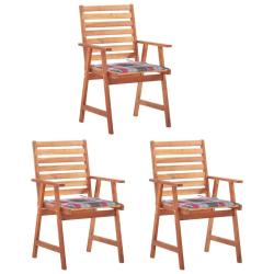 Chaises &agrave; manger d'ext&eacute;rieur lot de 3 et coussins Acacia massif