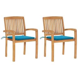 Chaises de jardin lot de 2 et coussins bleu Bois de teck massif