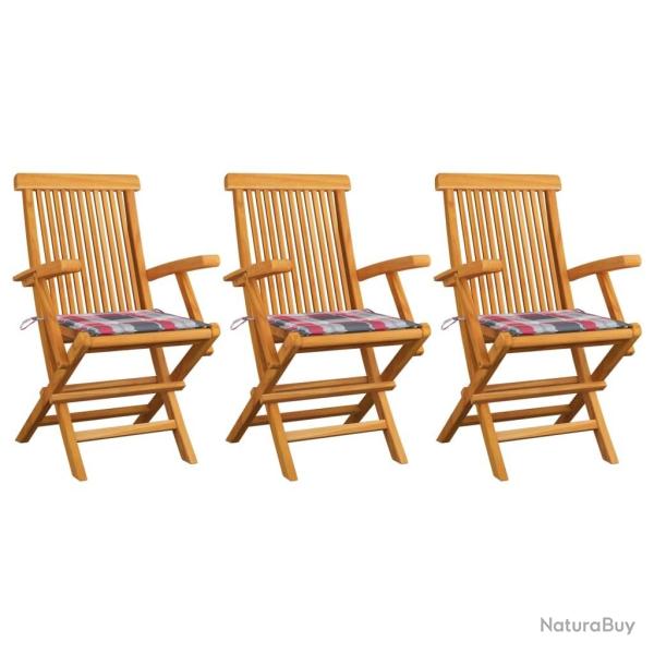Chaises de jardin et coussins � carreaux rouge lot de 3 Teck