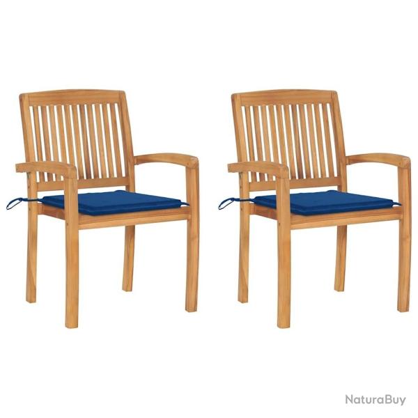 Chaises de jardin lot de 2 avec coussins bleu royal Teck massif