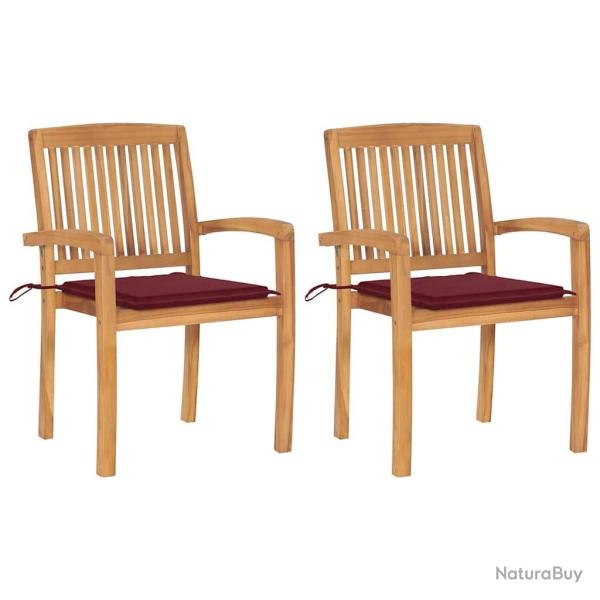 Chaises de jardin lot de 2 avec coussins bordeaux Teck massif