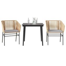 Ensemble &agrave; manger jardin coussins 3pcs marron poly rotin verre