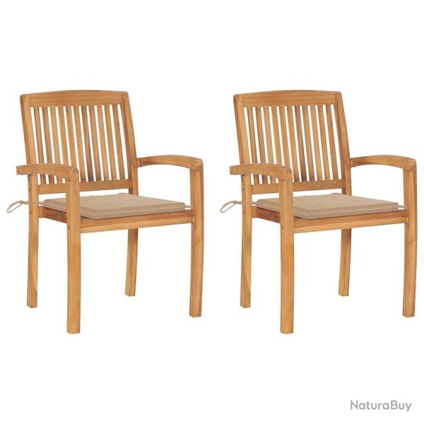Chaises de jardin lot de 2 et coussins beige Bois teck massif
