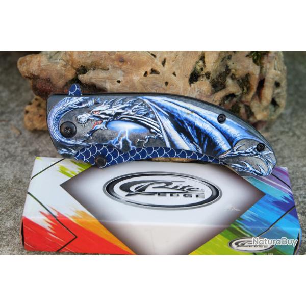 Couteau Semi AUto Dragon Scale D�cor Dragon Bleu Lame Recurve Inox Manche ABS Noir Linerlock Clip