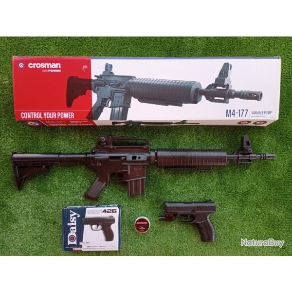 PACK-22 Carabine PCP  pompe M4-177 Bbs et Plomb Cal. 4,5 mm  + Pistolet-Laser Daisy Mod.426 4,5 mm