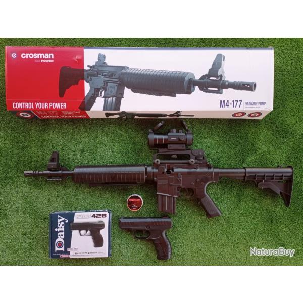 PACK-24 Carabine PCP  pompe M4-177 Bbs et Plomb 4,5 mm + Pistolet Daisy 426, 4,5 mm + Red Dot